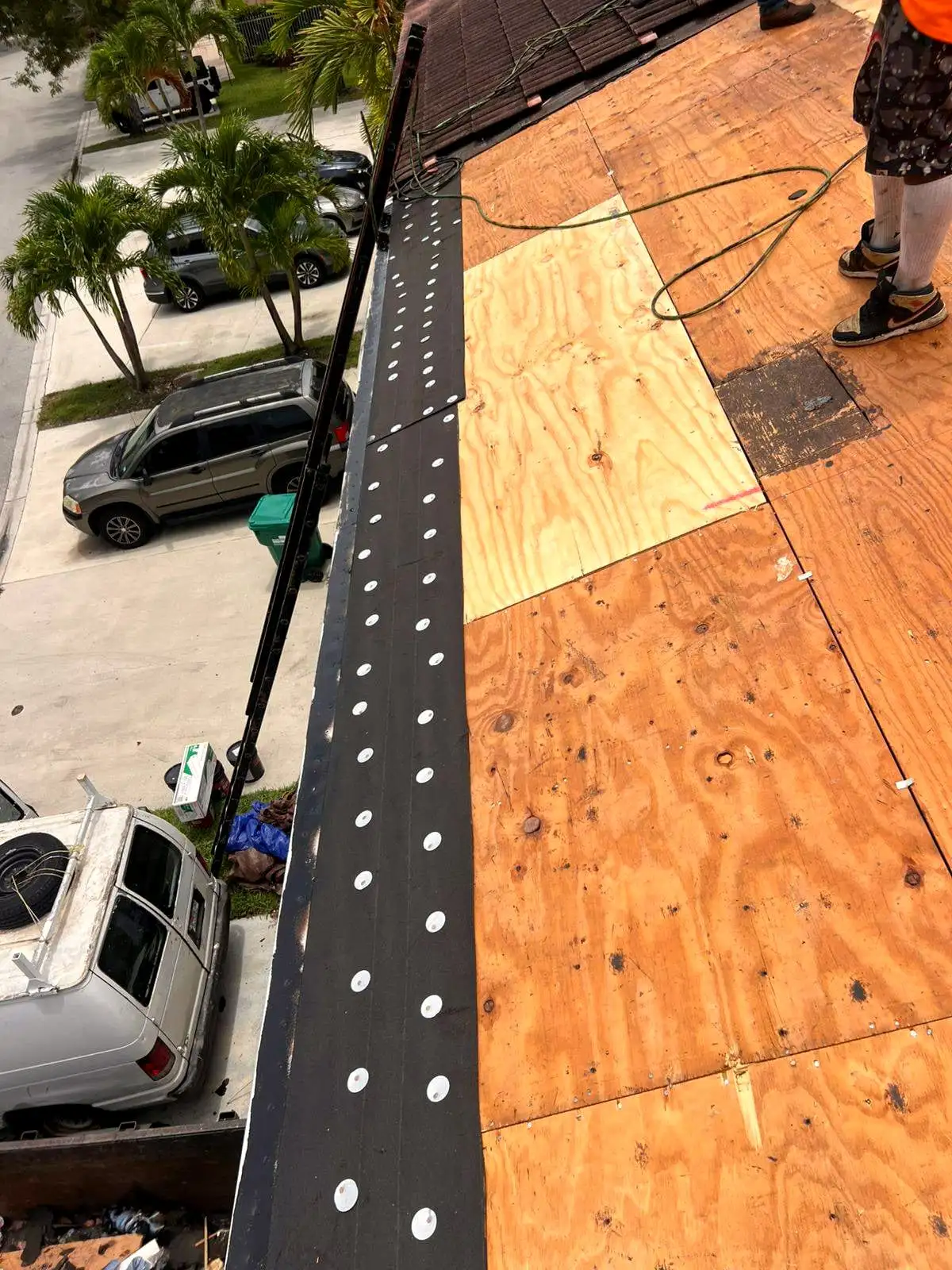 Roof edge with cap-nailed underlayment fastened along the eave, above the driveway