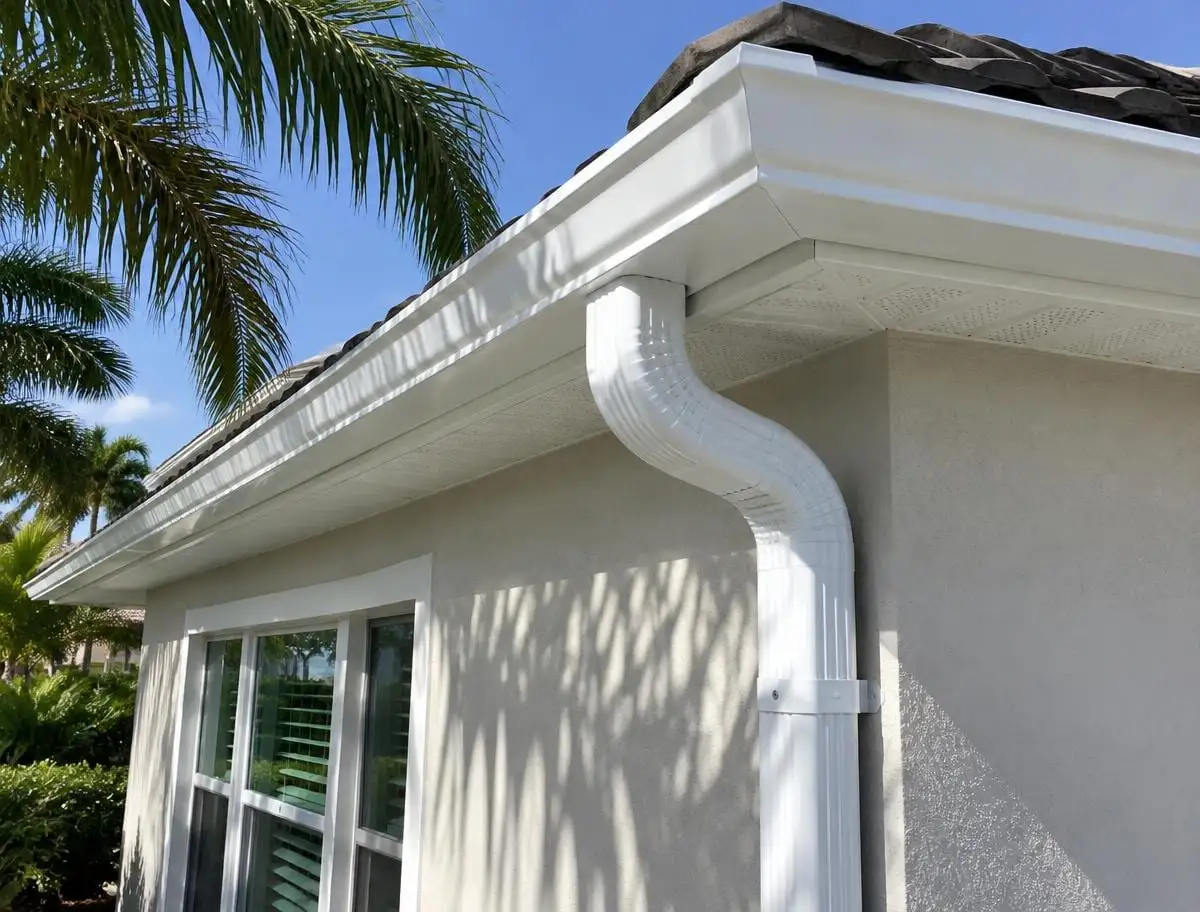Illustration of a white seamless gutter and downspout on a stucco home